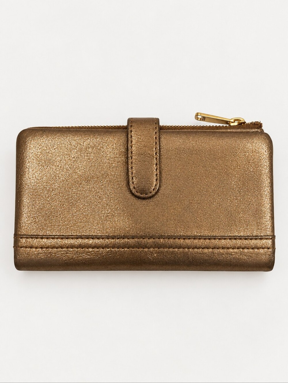 Fossil Vale Medium Tab Wallet Metallic Bronze Leather Snap Clutch Zip Pocket